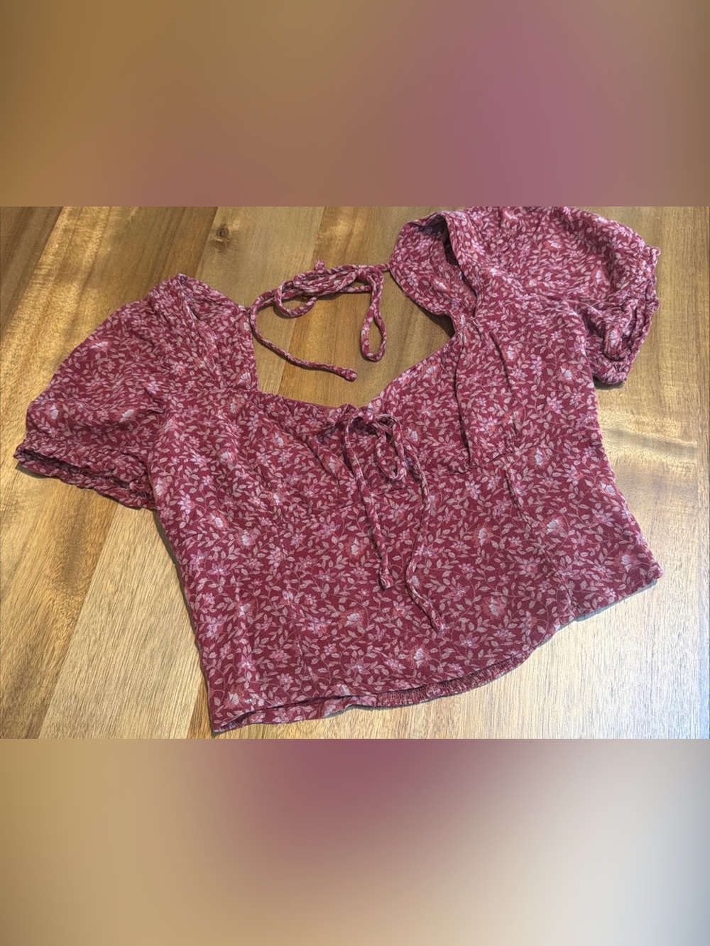 American Eagle Floral Puff Sleeve Crop Top Red Burgundy Milkmaid Blouse Sz Med
